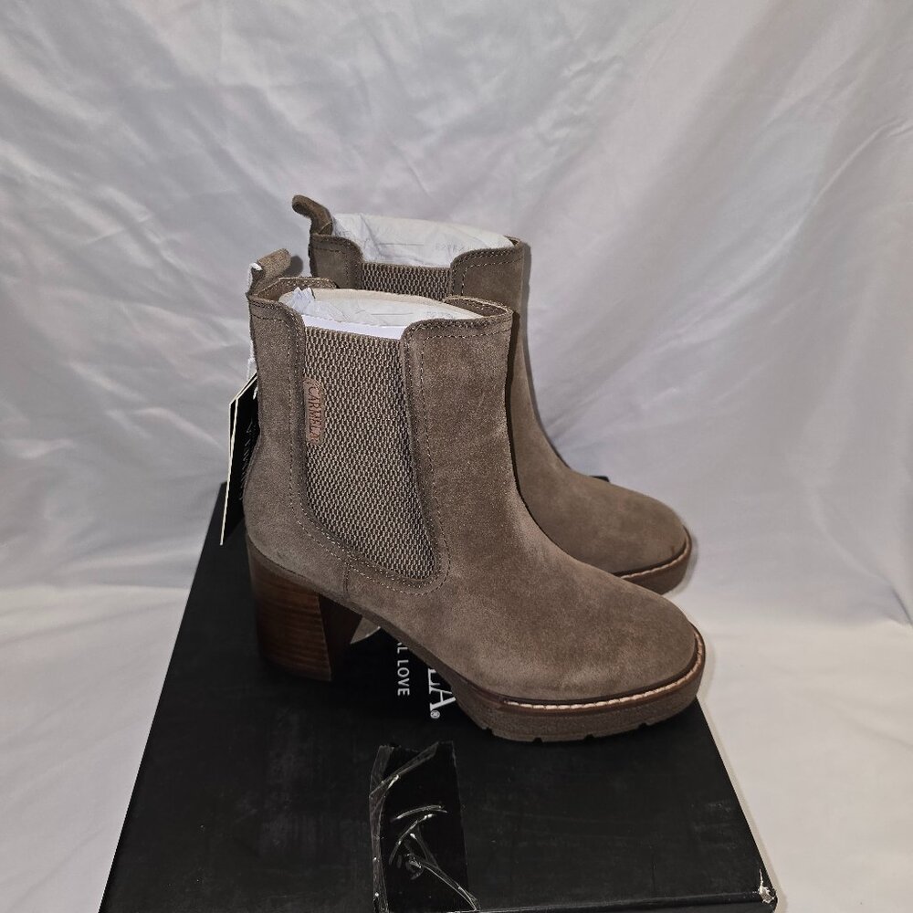 Carmela Suede Ankle, Chelsea Bootie with Heel in Taupe, Women's Size 37, NIB
